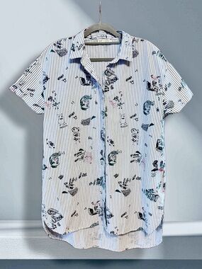 Zara White S/S Button-Down Shirt Dress w Navy Pinstripes and Graphic Motifs Sz L